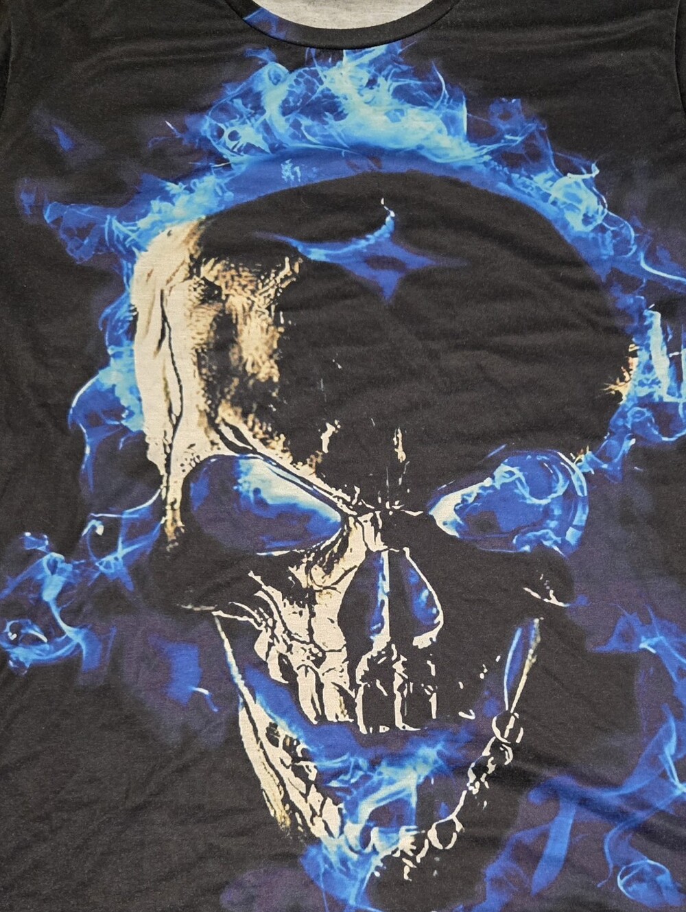 Men's Black Graphic Skull T‑Shirt with Blue Flame Design